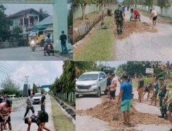 Komandan Yonif 121/MK Bersama Anggota Gotong Royong Perbaiki Jalan Rusak di Jaharun Deli serdang
